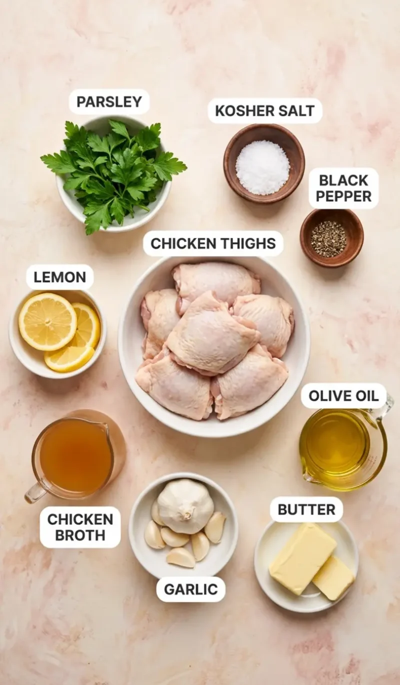 all 9 ingredients for garlic butter chicken thighs arranged on a cream and blush plaster surface