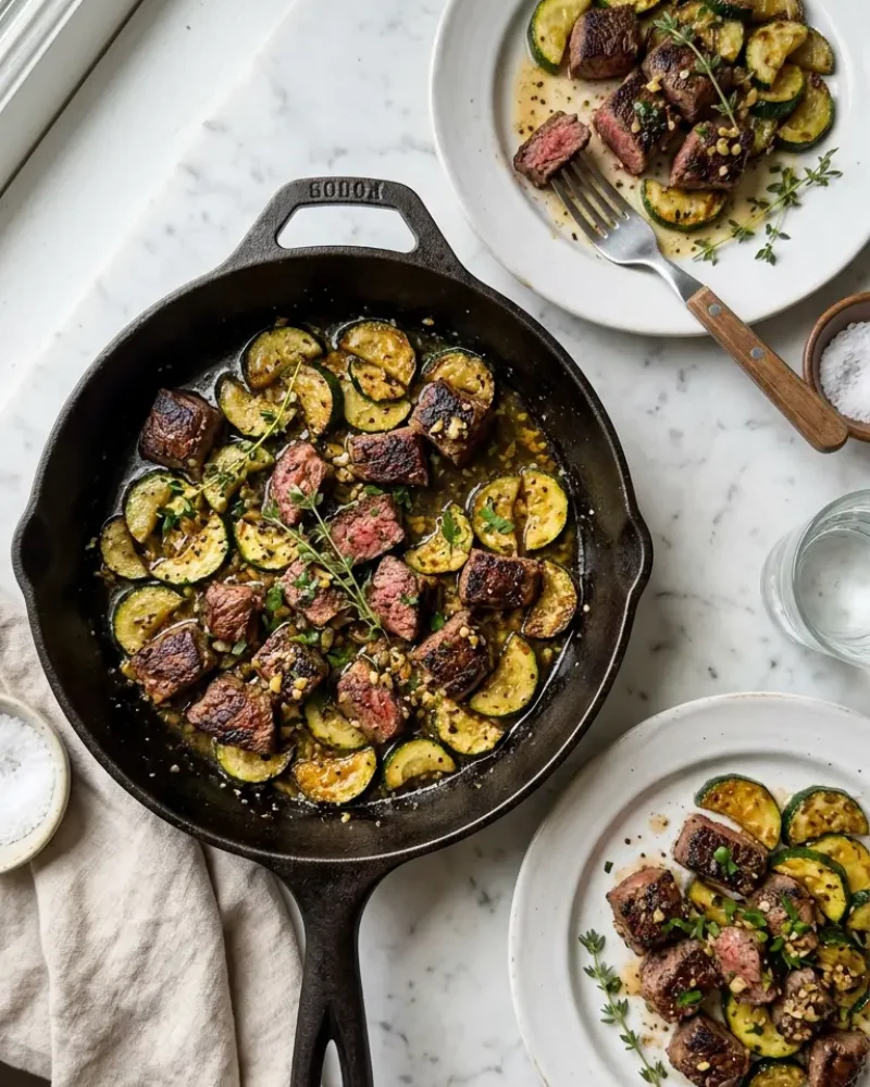 Overhead view of completed garlic butter steak bites with zucchini in cast iron skillet with plated serving