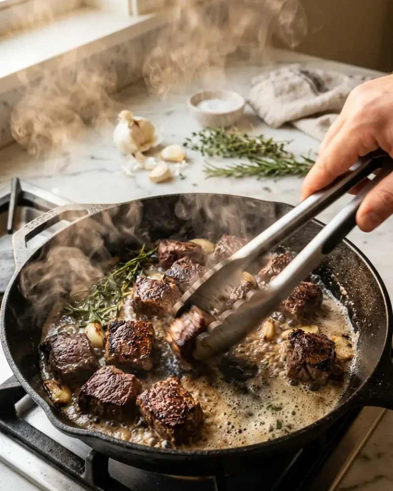 Steak bites being flipped in a hot skillet with visible steam and sizzle