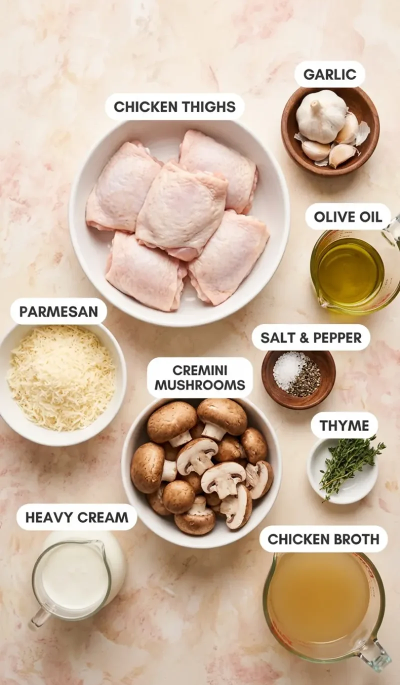 all 9 ingredients for garlic mushroom chicken thighs arranged on a cream and blush plaster surface