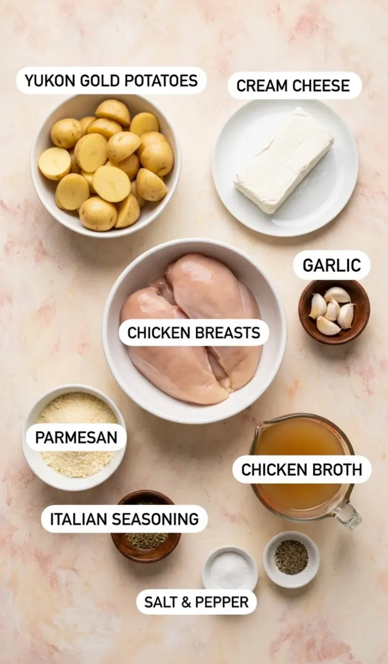 all 8 ingredients for Garlic Parmesan Crockpot Chicken and Potatoes arranged on a cream and blush plaster surface