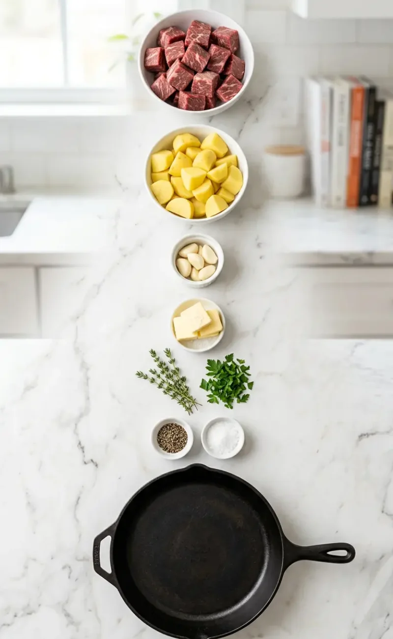 Exploded view of all ingredients for garlic steak bites and potatoes recipe arranged vertically