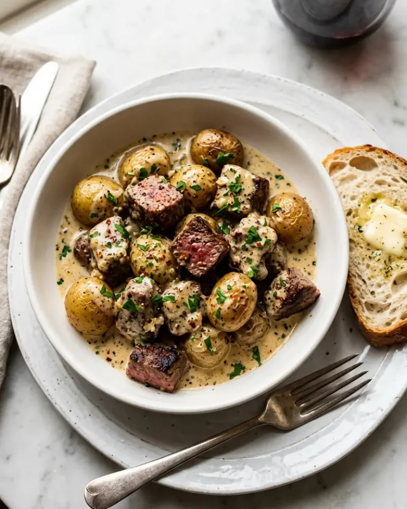 Overhead view of garlic steak bites and potatoes served with crusty bread