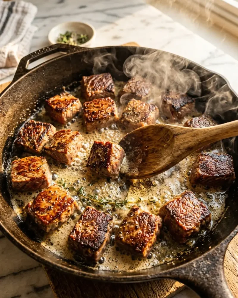 Steak cubes searing in butter and oil in cast iron skillet