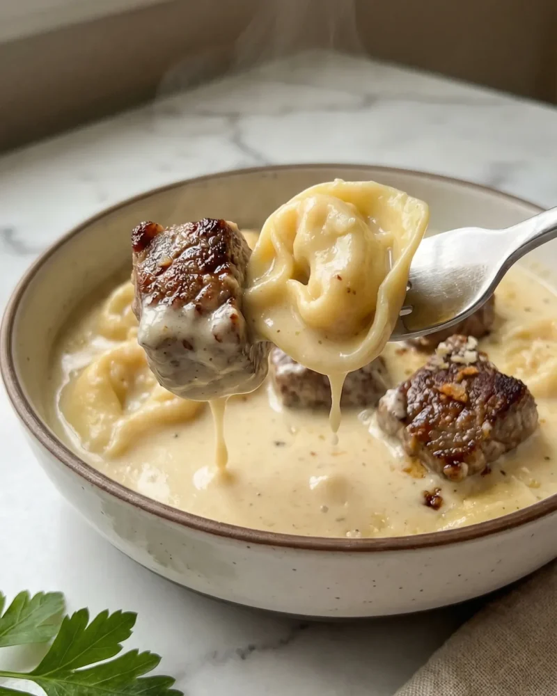 A fork lifting a cheese tortellini and seared steak cube dripping with creamy garlic parmesan sauce