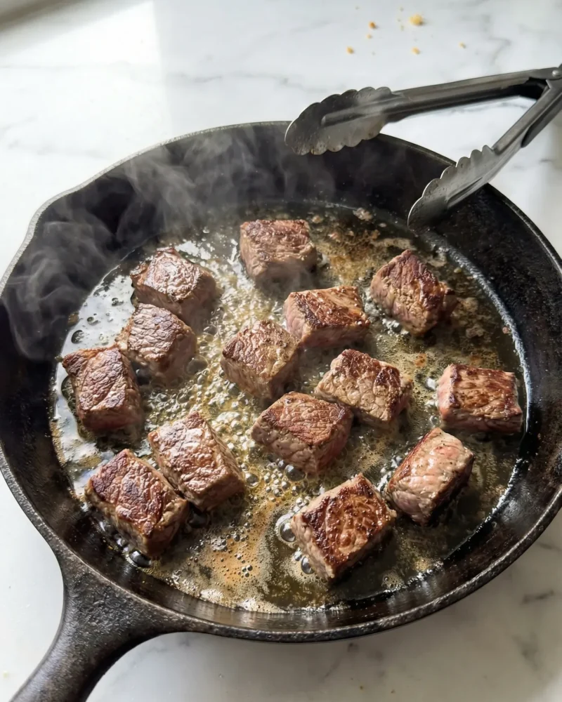 Rustic wide bowl filled with garlic steak tortellini in a creamy parmesan sauce, garnished with fresh parsley