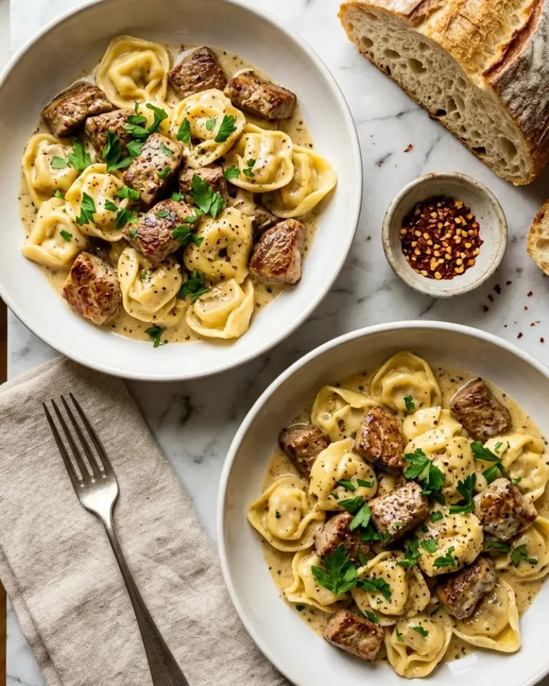 Overhead view of two bowls of garlic steak tortellini in creamy parmesan sauce with crusty bread and garnishes