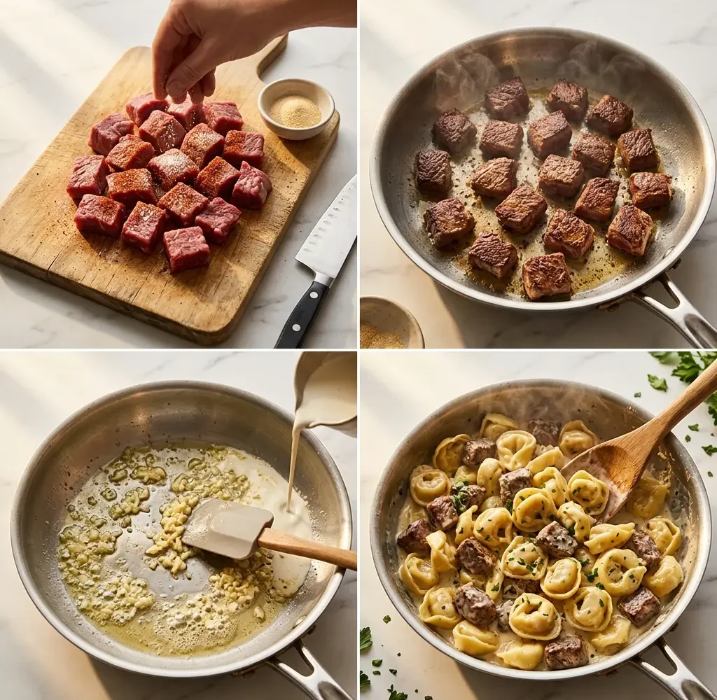 4-step cooking process collage for garlic steak tortellini showing seasoning, searing, sauce building, and tossing to finish