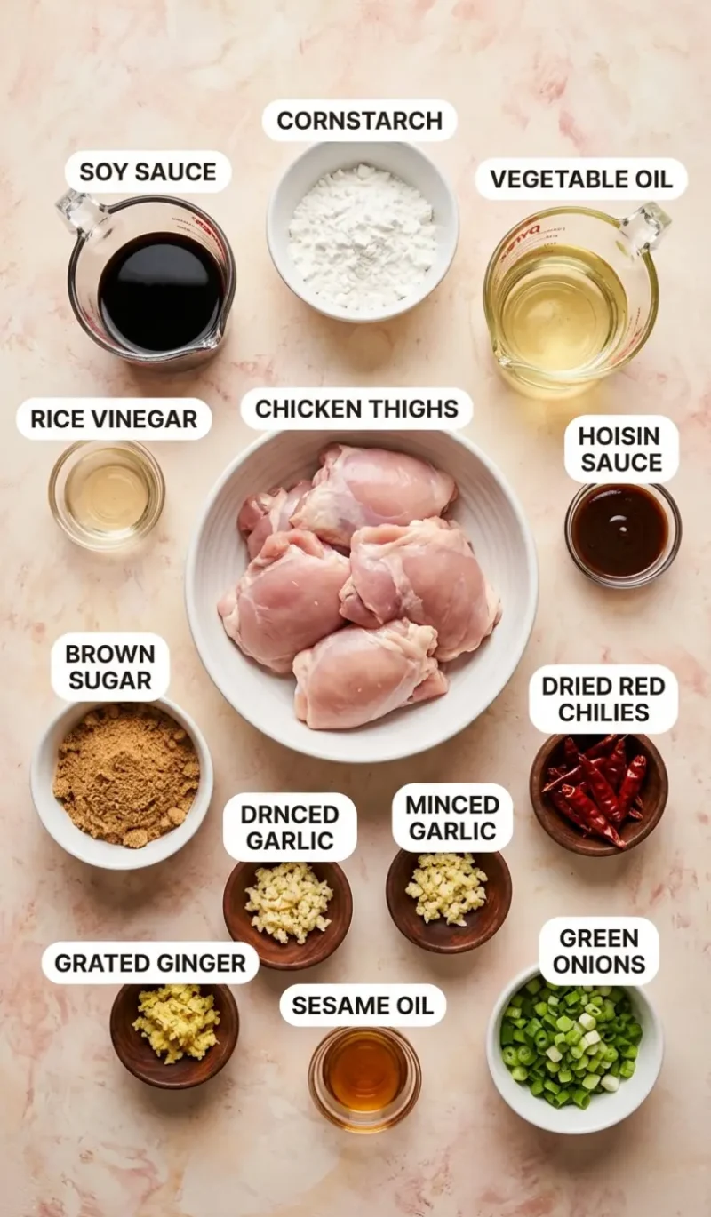labelled overhead flatlay of all 12 ingredients for General Tso's Chicken on cream and blush plaster surface