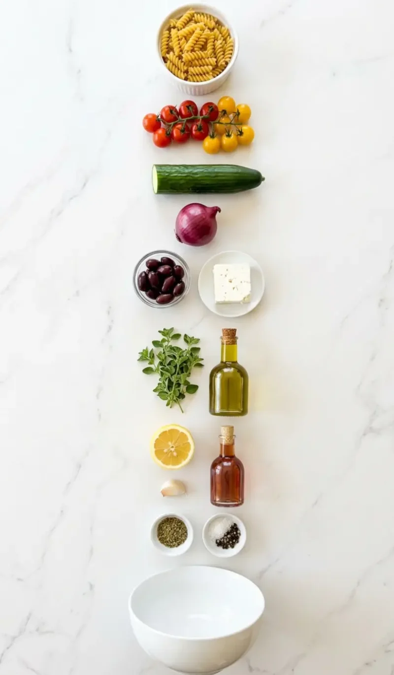 All 13 ingredients for Greek pasta salad arranged vertically on white marble