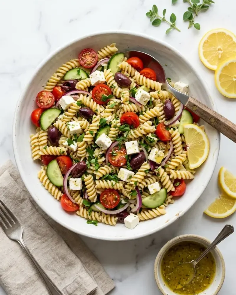 Overhead view of Greek pasta salad with lemon slices and fresh oregano