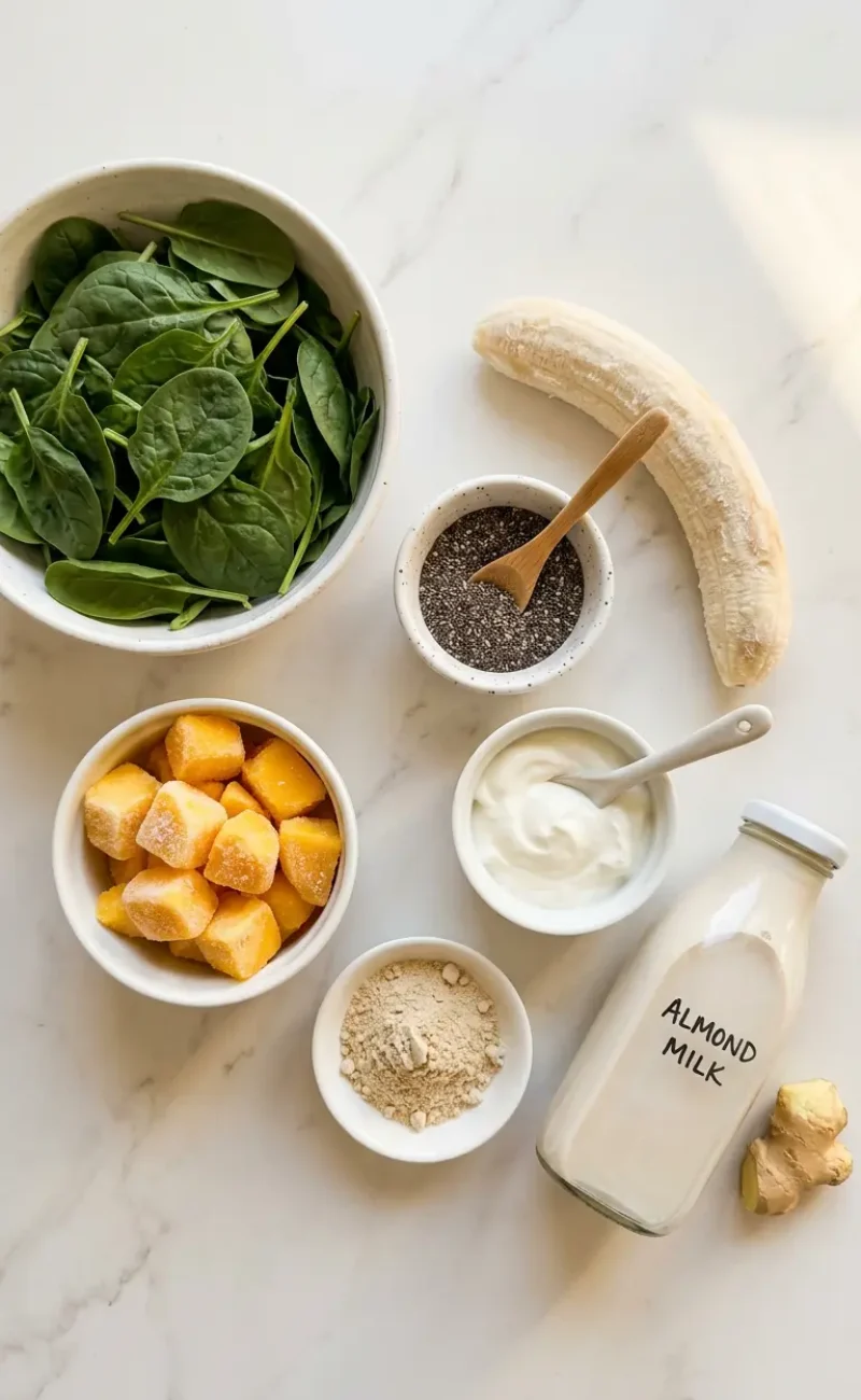 Overhead flatlay of all green smoothie for weight loss ingredients in white bowls on white marble