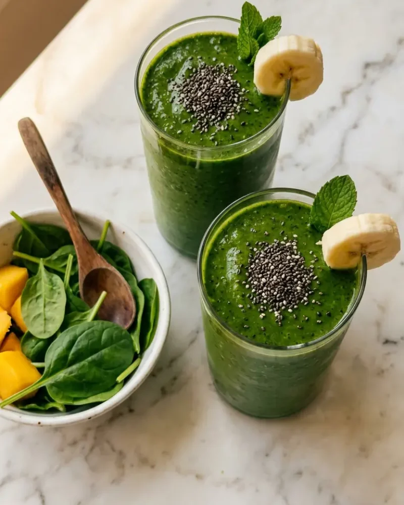 Overhead view of two green smoothies for weight loss ready to serve with spinach and mango beside them