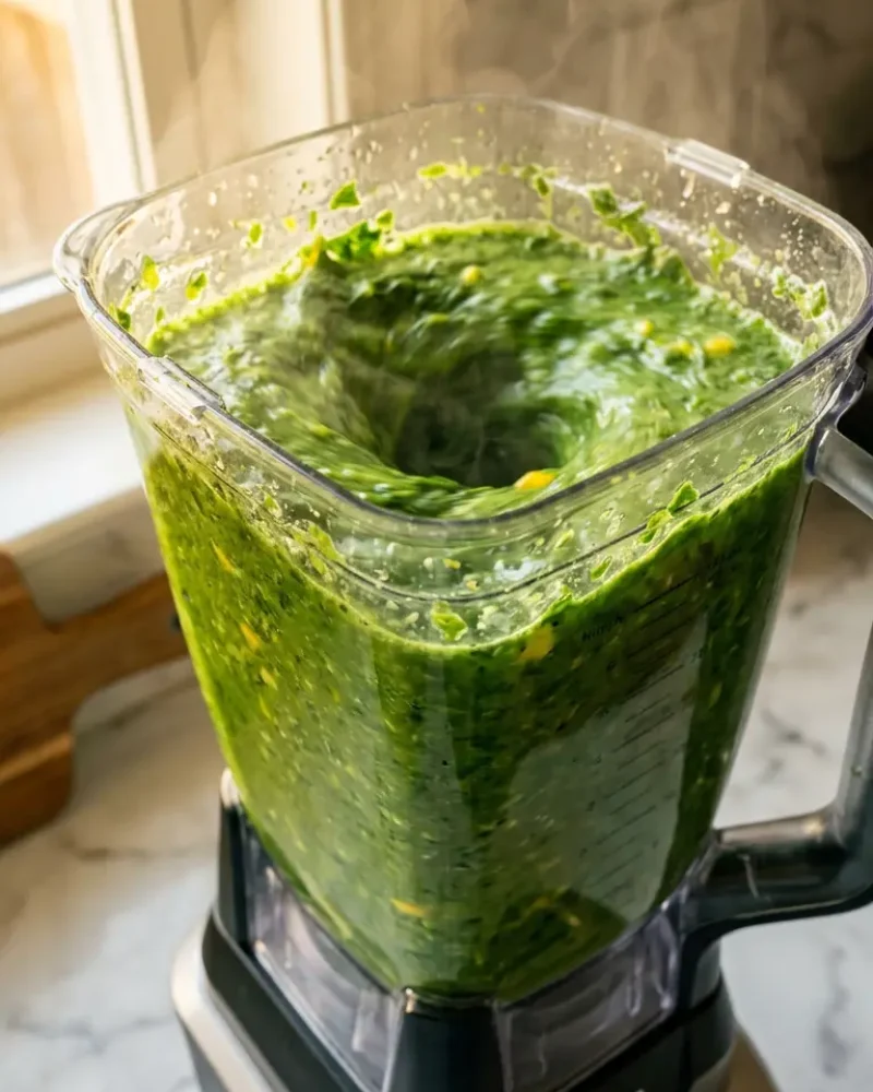 Blender running with vibrant green smoothie swirling during weight loss smoothie preparation
