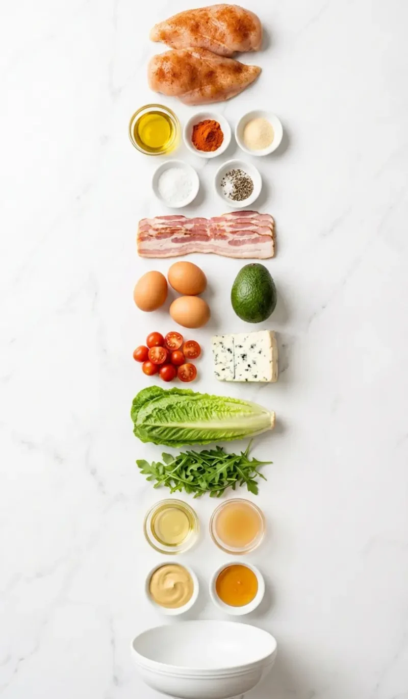 Exploded view of all 16 ingredients for Grilled Chicken Cobb Salad with Honey Dijon arranged vertically on white marble