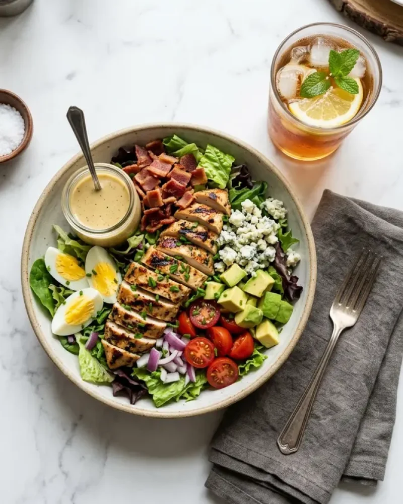 Overhead view of Grilled Chicken Cobb Salad with Honey Dijon with iced tea and napkin