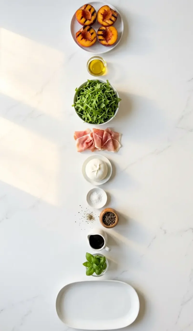 Exploded view of all 9 ingredients for Grilled Nectarine Burrata Prosciutto Salad arranged vertically on white marble