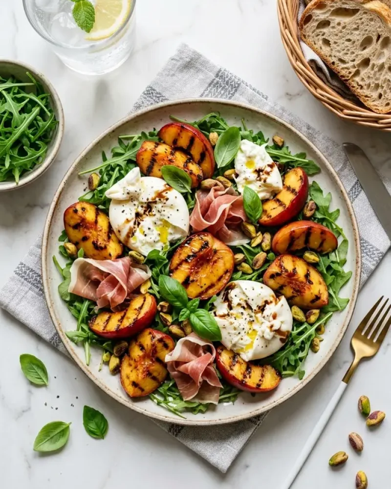 Overhead view of Grilled Nectarine Burrata Prosciutto Salad with crusty bread and sparkling water