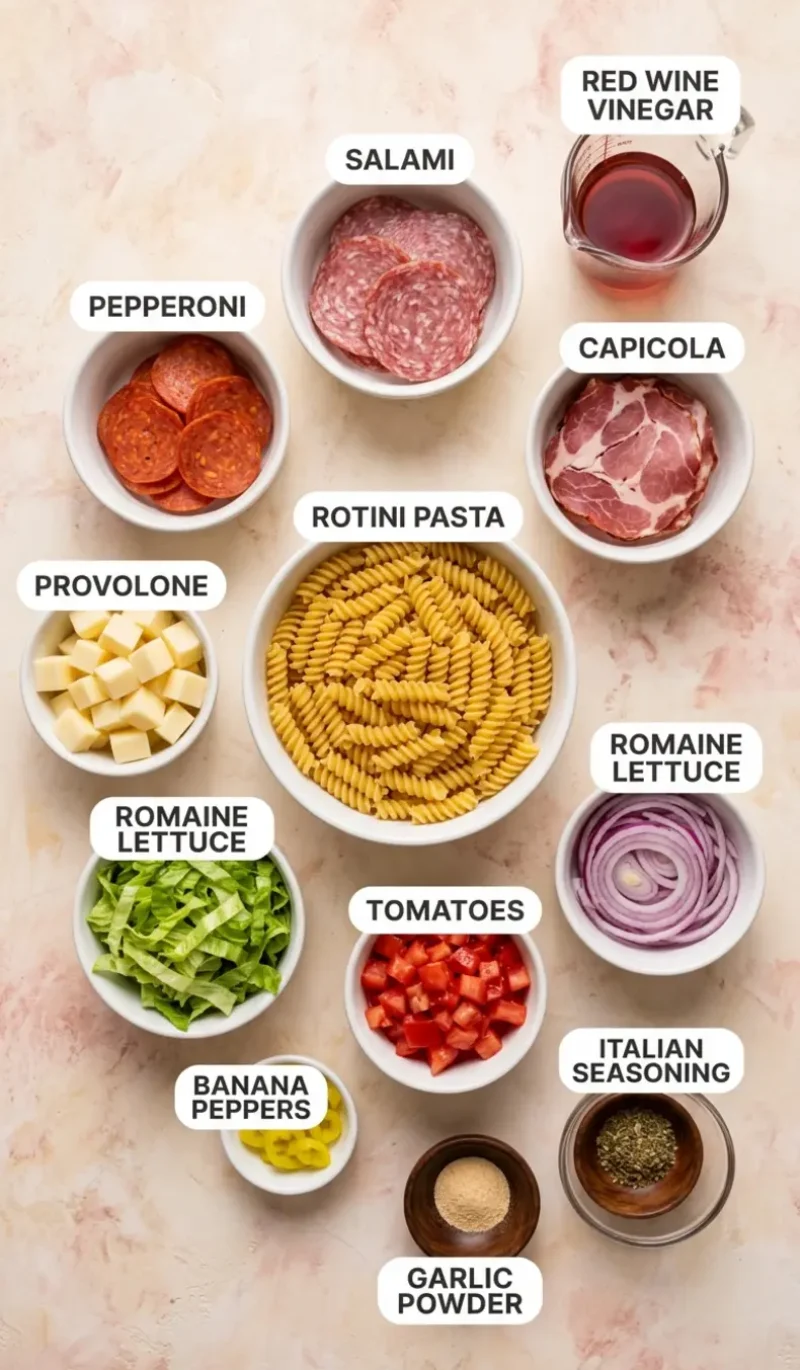 Labelled overhead flatlay of all 11 ingredients for grinder pasta salad on a cream and blush plaster surface, each ingredient named