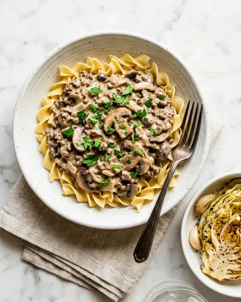 overhead view of easy ground beef stroganoff with roasted cabbage steaks side dish