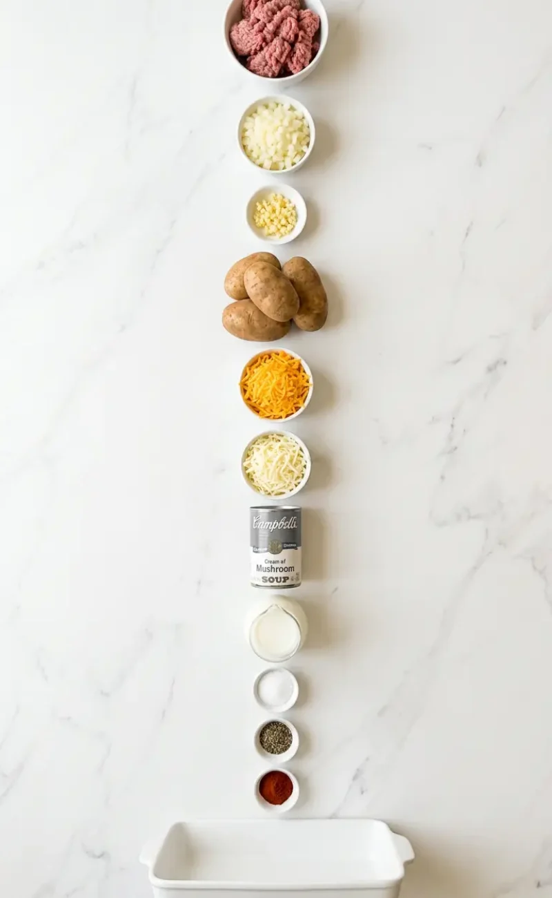Exploded view of all 12 ingredients for cheesy hamburger potato casserole arranged vertically on white marble