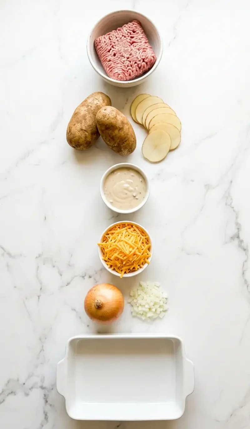 Exploded view of all 6 ingredients for 5-ingredient hamburger and potato casserole arranged vertically on white marble