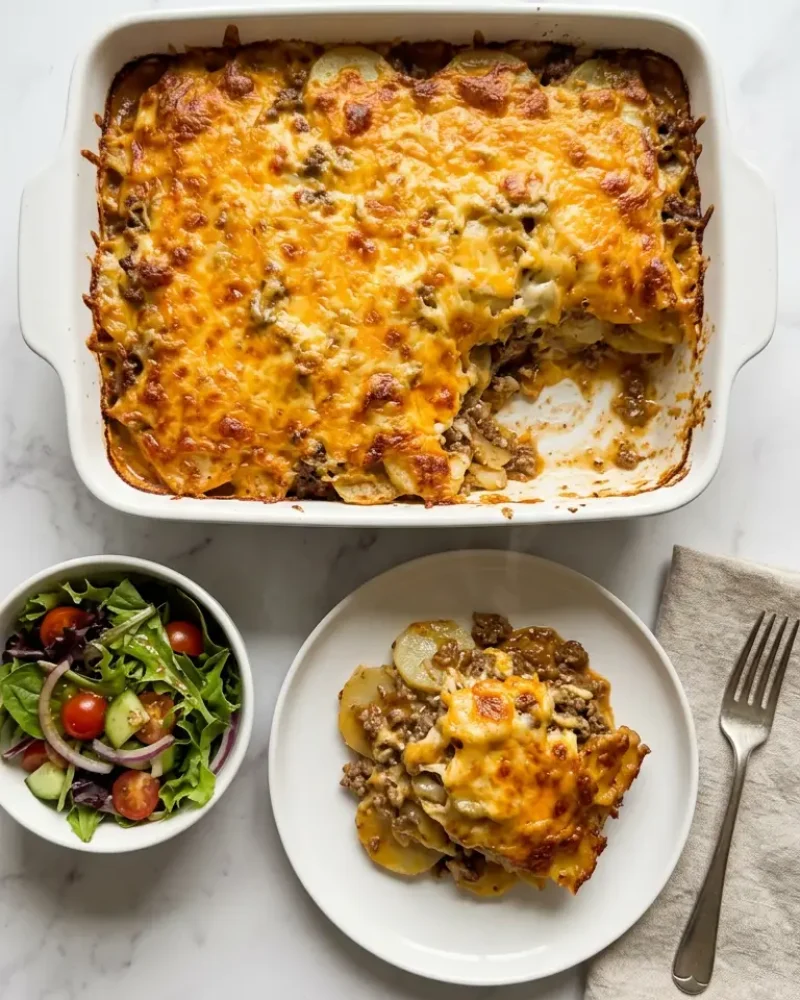 Overhead view of cheesy hamburger potato casserole with a serving plated and green salad on the side