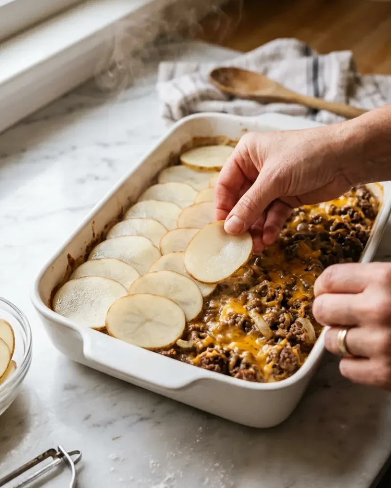 Hands layering thinly sliced russet potatoes over seasoned ground beef in a white ceramic baking dish