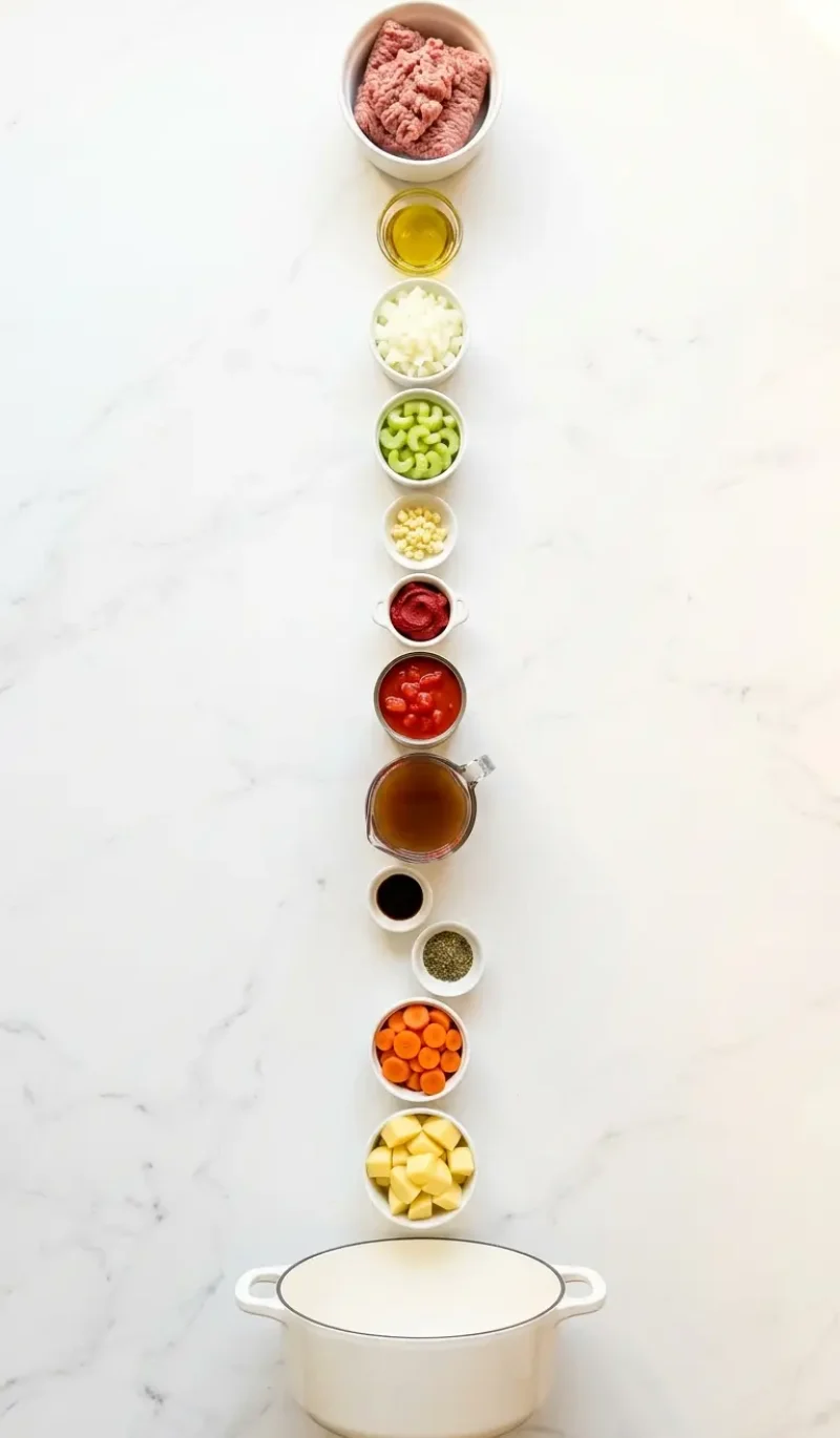 Exploded view of all 13 ingredients for hamburger stew arranged vertically on white marble