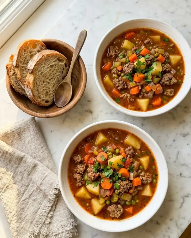 overhead view of hamburger stew in white ceramic bowls with crusty bread and linen napkin