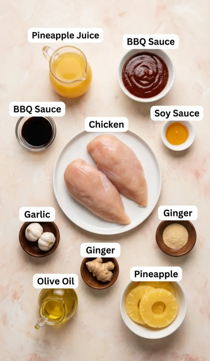 all 9 ingredients for Hawaiian BBQ chicken arranged on a cream and blush plaster surface, each labelled