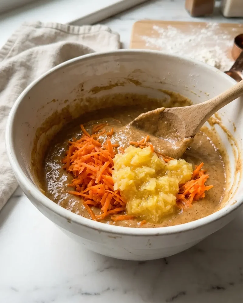 Folding grated carrots and crushed pineapple into cake batter in a white bowl.