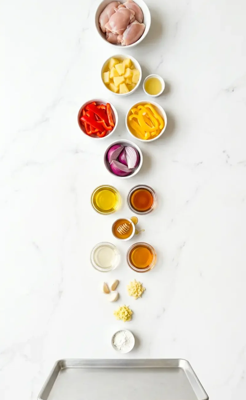 Exploded view of all 14 ingredients for Hawaiian chicken sheet pan arranged vertically on white marble