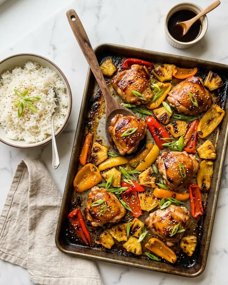 Overhead view of Hawaiian chicken sheet pan dinner with jasmine rice and serving utensils