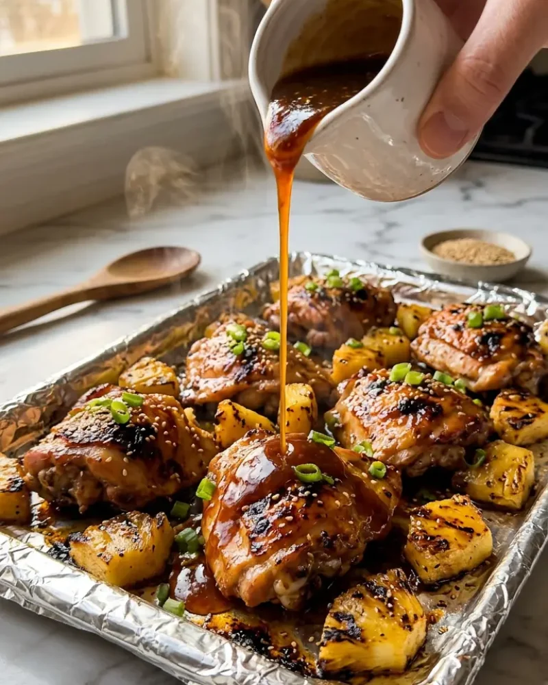 Sticky Hawaiian glaze being drizzled over caramelized chicken and pineapple on a sheet pan