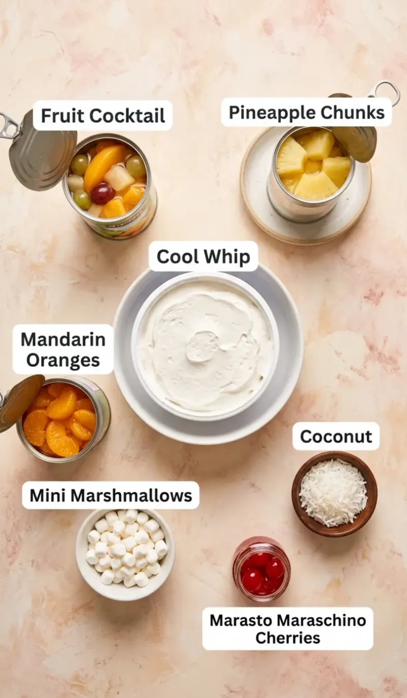 All 7 ingredients for Hawaiian fruit salad with Cool Whip arranged on a cream and blush plaster surface, each ingredient named