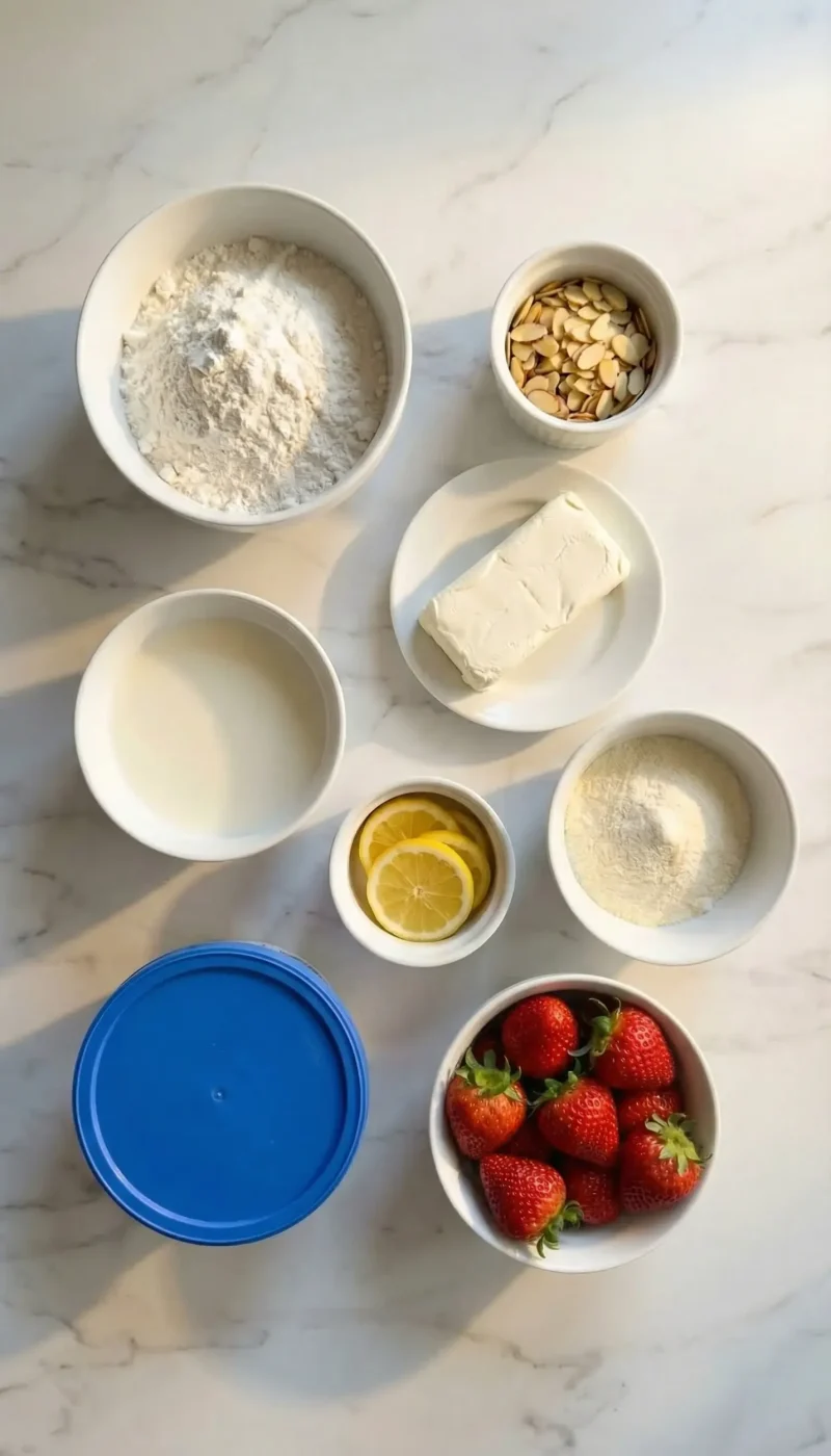 Overhead flat-lay of all Heaven on Earth Cake ingredients in white bowls on a white marble surface.