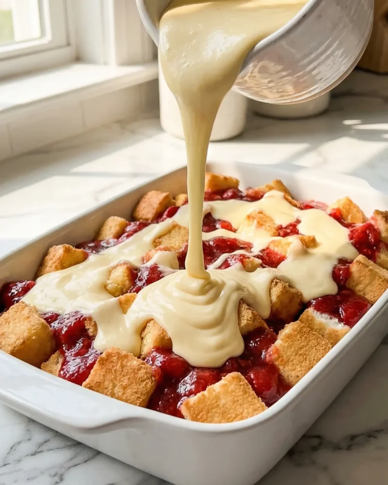 Pouring creamy vanilla cream cheese pudding over angel food cake and strawberry filling layers for Heaven on Earth Cake.