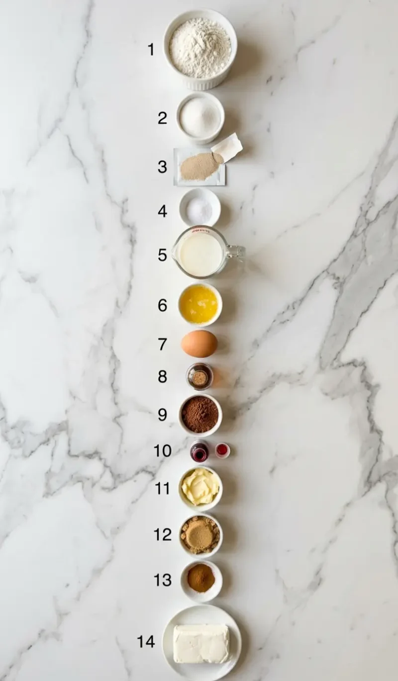All 14 ingredients for heavenly red velvet cinnamon rolls arranged vertically on white marble