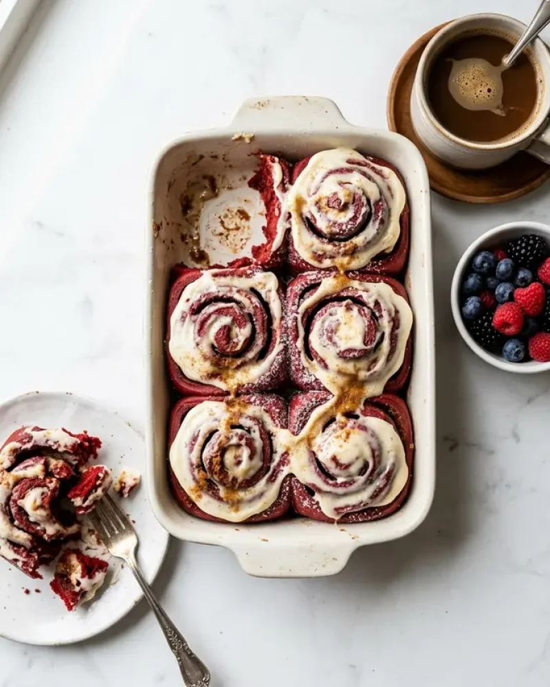 Overhead view of heavenly red velvet cinnamon rolls served with coffee and fresh berries on white marble
