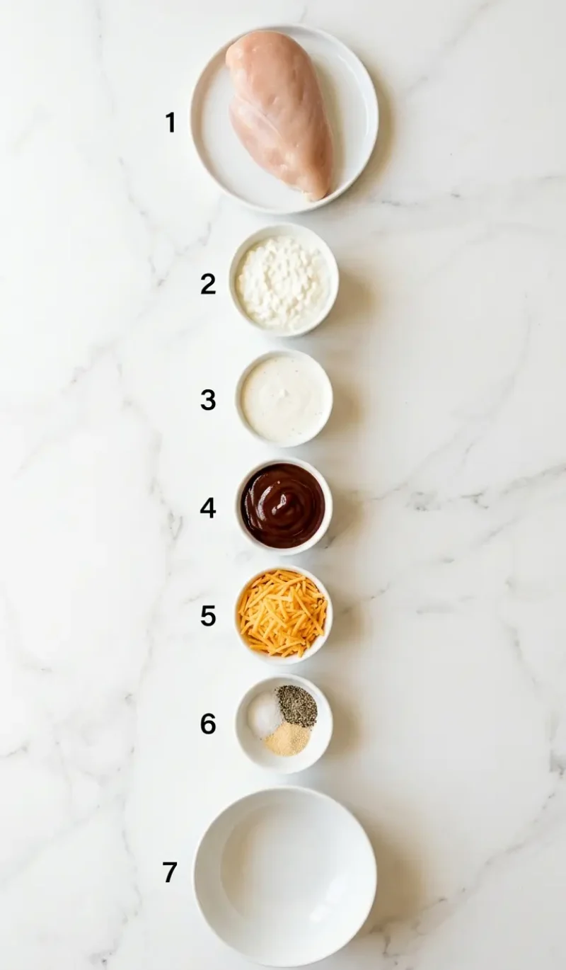 Exploded view of all 7 ingredients for high protein BBQ chicken ranch bowl arranged vertically on white marble