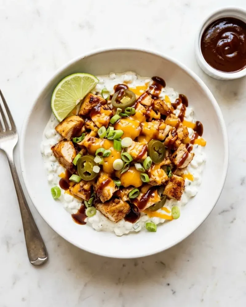 Overhead view of high protein BBQ chicken ranch bowl with melted cheese, BBQ sauce, and fresh toppings