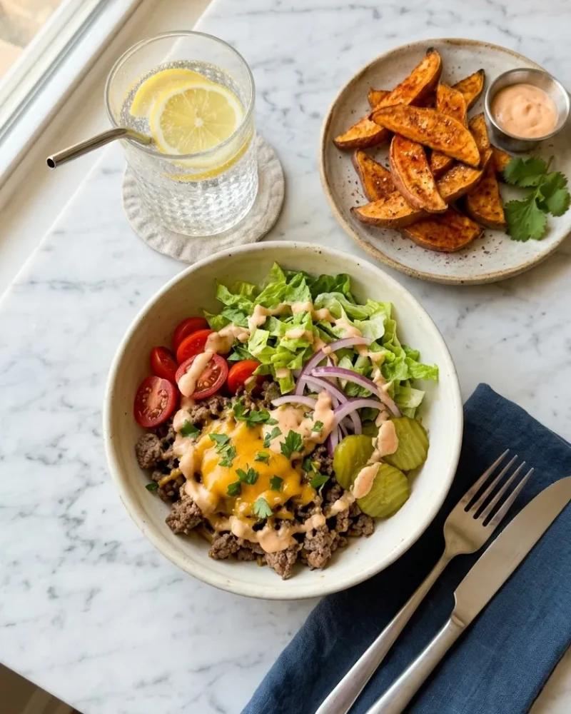 Overhead view of a high protein cheeseburger bowl dinner setting with sweet potato wedges on a marble table.