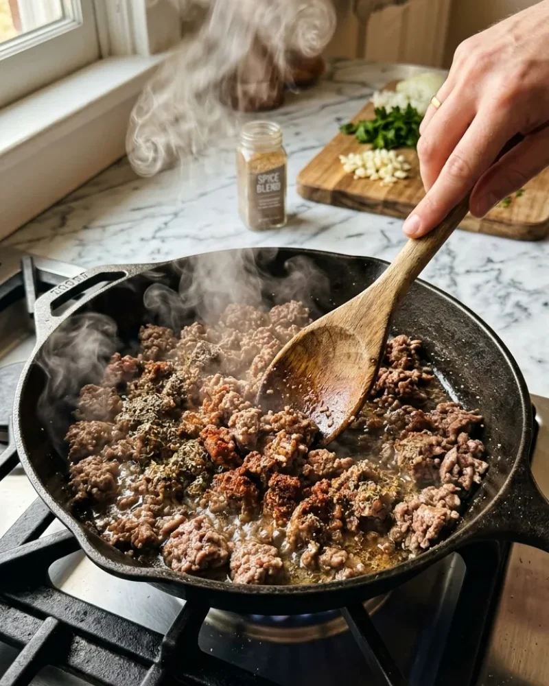 Ground beef cooking and browning in a skillet with a wooden spoon mixing it.