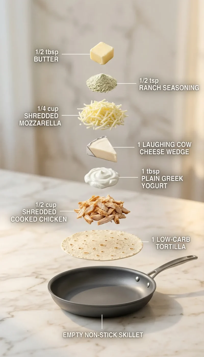 Exploded view showing ingredients for high protein chicken ranch quesadilla hovering above a skillet.