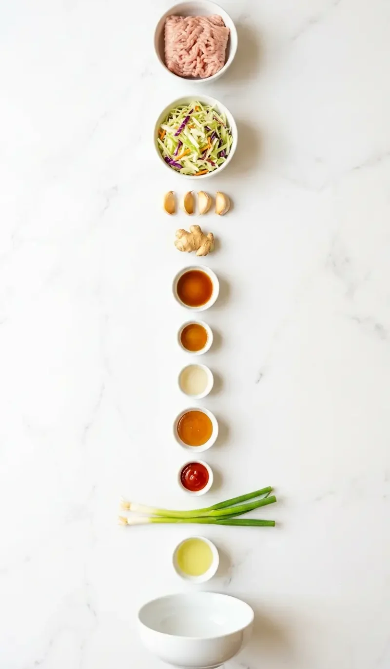 exploded view of all 12 ingredients for high protein egg roll in a bowl arranged vertically on white marble