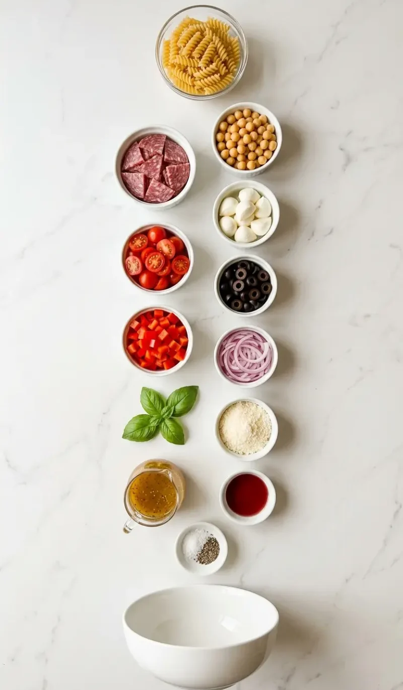 Exploded view of all 13 ingredients for high-protein Italian pasta salad arranged vertically on white marble