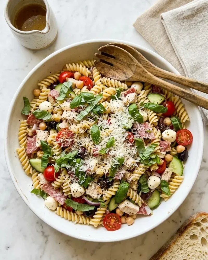 overhead view of high-protein Italian pasta salad in white ceramic serving bowl with basil and Parmesan