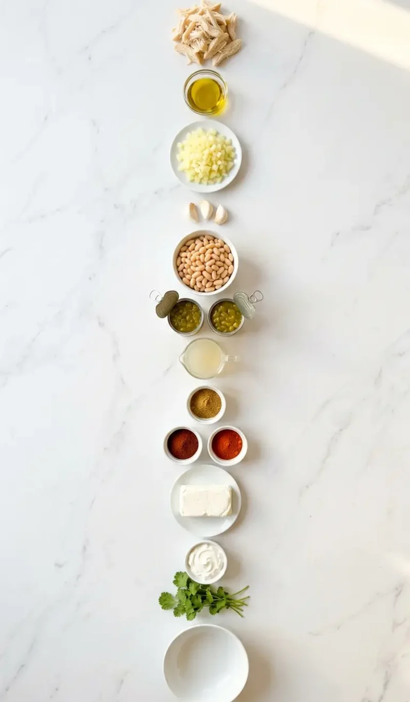 exploded view of all 14 ingredients for high protein low carb white chicken chili on white marble