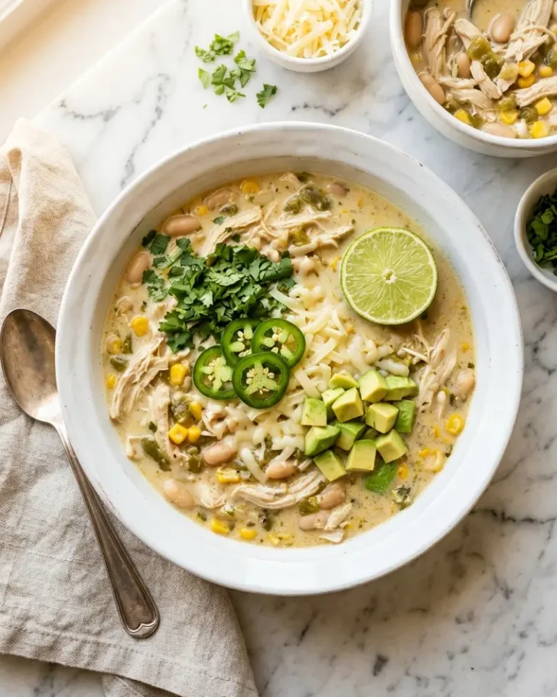 overhead view of high protein low carb white chicken chili with avocado and lime toppings